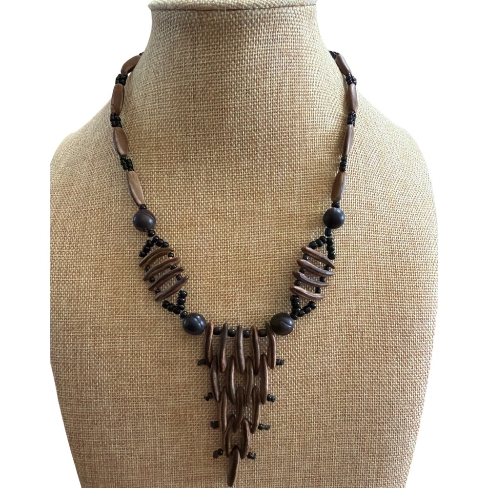 Natural Brown Wood Tiered Bib Statement Necklace Boho Tribal Earthy‎ Neutral
